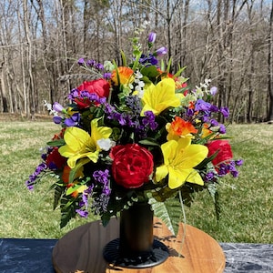 Silk Flower Cemetery Vase Arrangement: Yellow, Red, Purple, Orange