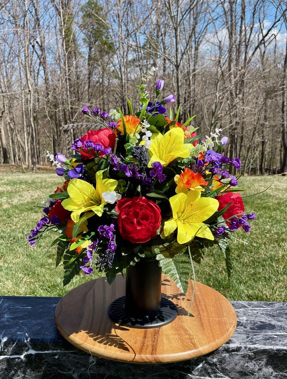 Yellow-Red-Purple-Orange Cemetery Vase, Vase Arrangement, Memorial Cemetery Vase, Memorial Flowers, Spring Cemetery Vase, Sympathy Flowers