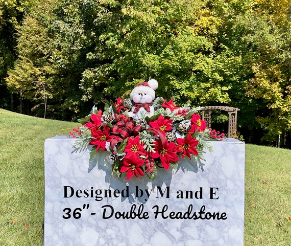 Snowman Christmas Cemetery Saddle, Christmas Cemetery Flowers, Headstone Saddle Arrangement, Christmas Headstone Saddle