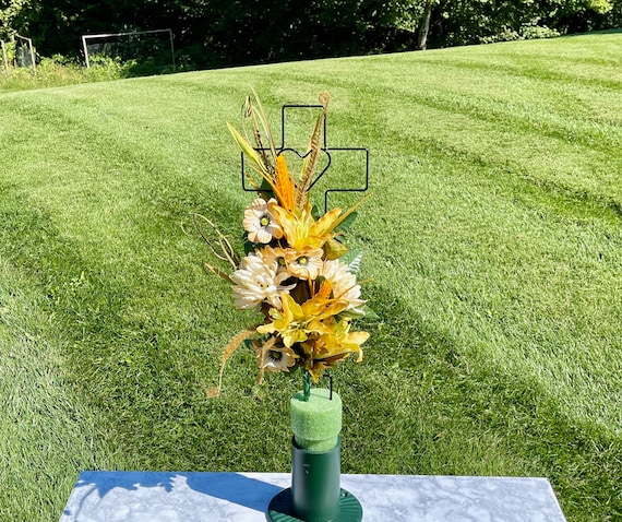 Cream-Yellow-White Silk Flowers on Cross, Cemetery Cross with Heart, 22” Cross Flower Arrangement, Flowers for Cemetery, Memorial Flowers