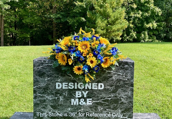 Fall Colors Cemetery Saddle: Blue and Yellow Silk Flowers Headstone Arrangement