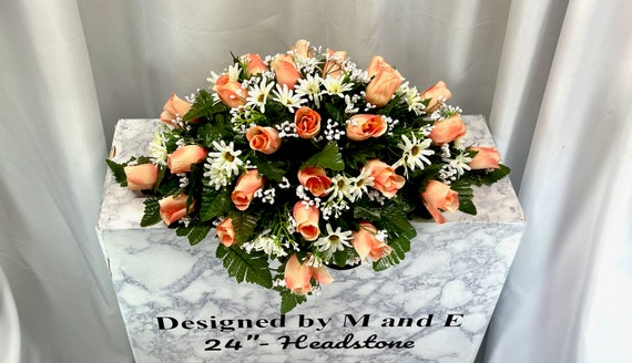 Peach Cemetery Saddle, 22"-24",  Cemetery Flower Arrangement, Flowers for Cemetery, Memorial Saddle, Sympathy, Cemetery Flowers, Gravesite