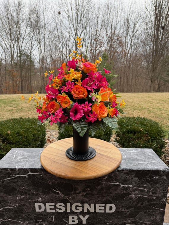 One of a Kind Cemetery Vase, Orange & Pink, Headstone Decorations, Cemetery Flowers, Grave Arrangement