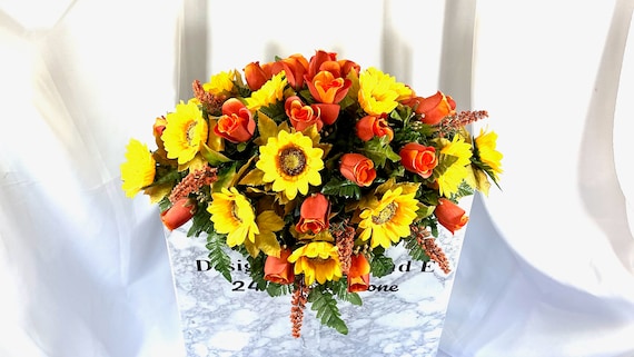 Orange and Yellow Sunflower Cemetery Saddle, Cemetery Saddle, Cemetery Flower, Headstone Saddle Arrangement, Headstone Saddle, Memorial Day