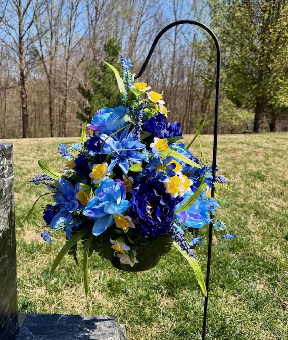 Blue Yellow Cemetery Hanging Basket, Grave Memorial Flowers Arrangement