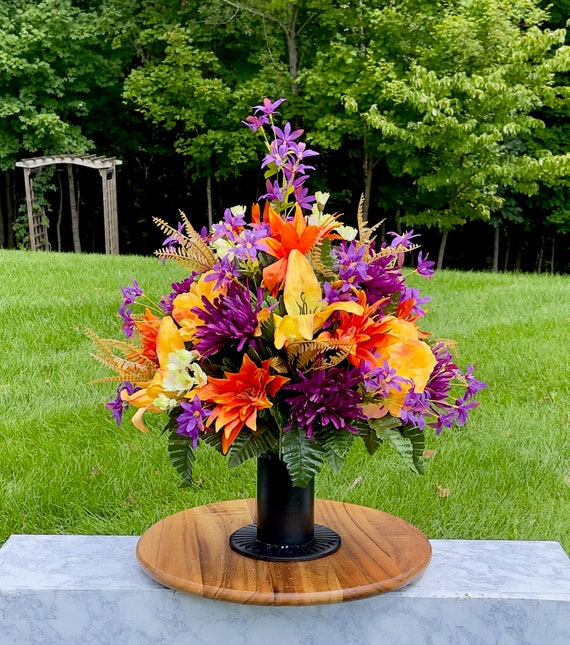 Purple-Orange-Yellow Cemetery Vase, Vase Arrangement, Memorial Cemetery Vase, Memorial Flowers, Spring Cemetery Vase, Sympathy Flowers