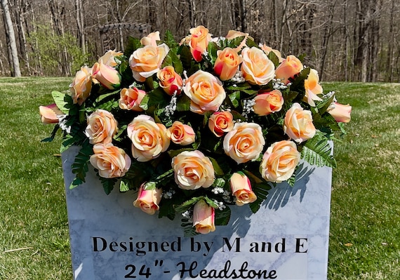 Peach with Pink-Tips Cemetery Saddle, Cemetery Saddle, Cemetery Flower, Headstone Saddle Arrangement, Headstone Saddle, Memorial Day Flowers
