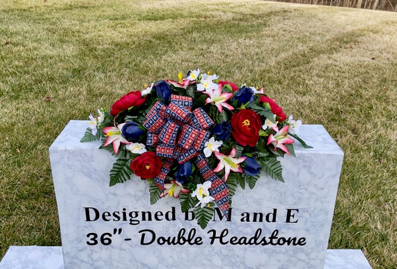 Patriotic Bow with Quality Silk Flowers, Cemetery Saddle, Cemetery Flowers, Headstone Saddle, Cemetery Arrangement, Memorial Day Flower