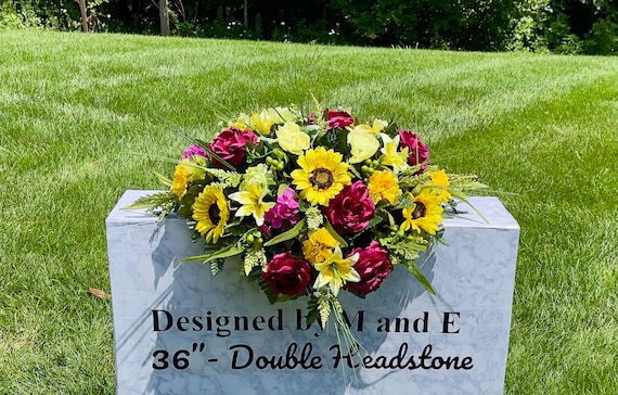 Yellow-Purple Quality Silk Flowers, Cemetery Saddle, Cemetery Flowers, Headstone Saddle, Cemetery Arrangement, Memorial Day Flowers