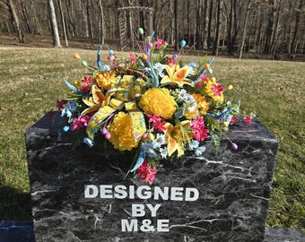 Mix-Color Silk Flower Cemetery Saddle: Memorial Headstone Arrangement