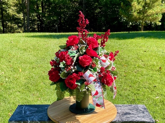 Cardinal Christmas Cemetery Vase: Red Rose Memorial Flower Arrangement