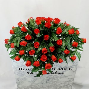 1 Red Roses Cemetery Saddle, Headstone Saddle, Cemetery Decoration, Large Stone Saddle, Headstone Double Saddle, Grave Flowers