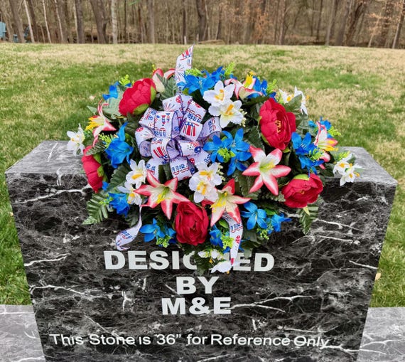 Cemetery Saddle Arrangement, Red White Blue Silk Flowers, USA Ribbon Memorial Decoration