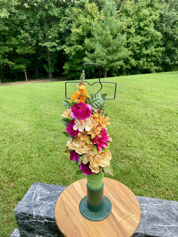 Cemetery Cross Flower Arrangement: Cream & Fuchsia Silk Memorial Flowers