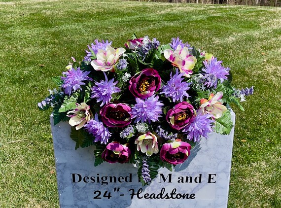 Purples Quality Silk Flowers Cemetery Saddle, Cemetery Flowers, Headstone Saddle Arrangement, Headstone Saddle