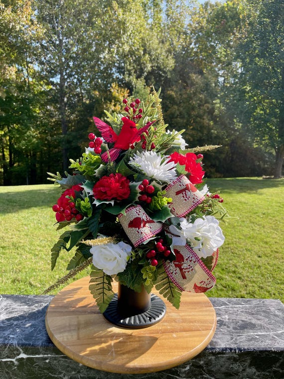 Christmas Cemetery Vase: Flying Redbirds with Cardinal Bow Memorial Flowers