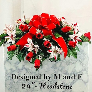 Red Bow with White and Red Christmas Cemetery Saddle, Christmas Cemetery Flowers, Headstone Saddle Arrangement, Christmas