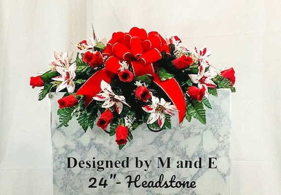 Red Bow with White and Red Christmas Cemetery Saddle, Christmas Cemetery Flowers, Headstone Saddle Arrangement, Christmas