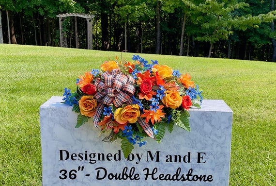Fall Orange-Blue with Bow Quality Silk Flowers, Cemetery Saddle, Cemetery Flowers, Headstone Saddle, Cemetery Arrangement, Memorial Flower