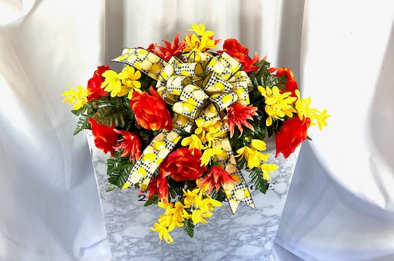 Yellow, Red with Lemon Ribbon Bow Cemetery Saddle, Cemetery Saddle, Cemetery Flower, Headstone Saddle Arrangement, Memorial Day Saddle