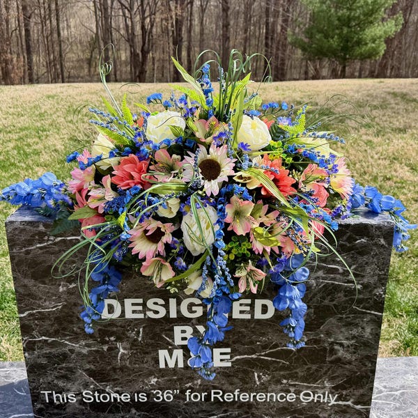 Cemetery Saddle Arrangement, Blue Salmon White Flowers, Memorial Gravesite Decor