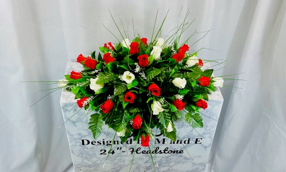 Red and White 22"-24" Cemetery Saddle, Cemetery Flower Arrangement, Flowers for Cemetery, Memorial Saddle, Sympathy Flowers, Cemetery Flower