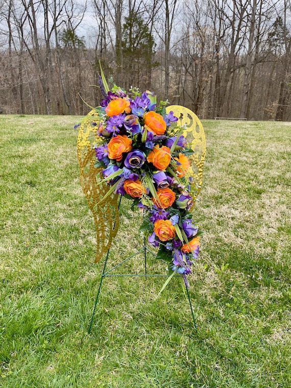 Purple-Orange Bright Quality Silk Flowers on Gold Angel Wings for Cemetery,  Cemetery Flowers, Cemetery Wreath, Gravesite Flowers