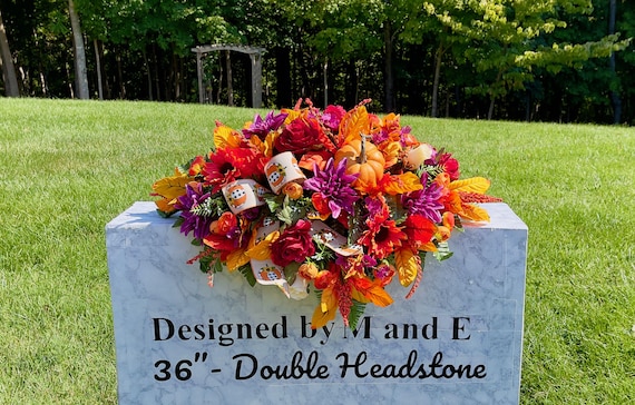 Fall Colors with Pumpkin and Bow and Quality Silk Flowers, Cemetery Saddle, Cemetery Flowers, Headstone Saddle, Cemetery Arrangement,