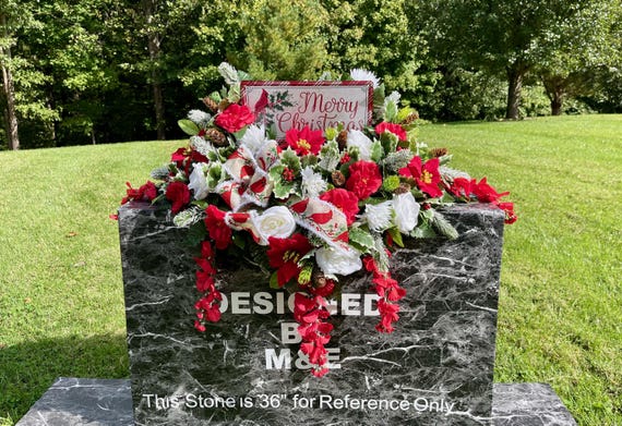 Large Merry Christmas Sign Cemetery Saddle: Cardinal & Silk Flower Headstone Arrangement