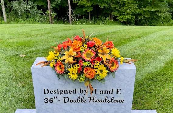1 Orange-Yellow Quality Silk Flowers, Cemetery Saddle, Cemetery Flowers, Headstone Saddle, Cemetery Arrangement, Memorial Day Flowers
