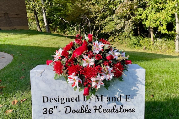 Red Christmas Cemetery Saddle, Silk Headstone Flowers
