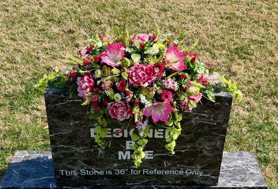 Large Pink Green Cemetery Saddle Arrangement, Memorial Day Flowers Headstone Saddle