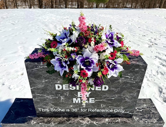 Pink and Purple Quality Silk Flower Cemetery Saddle, Memorial Headstone Arrangement, Grave Flowers