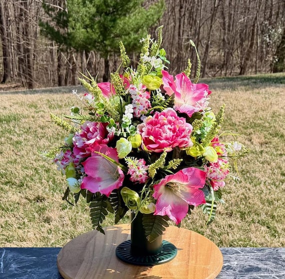 Pinks, Greens and White Cemetery Vase, Grave Decorations, Memorial Arrangement Flowers