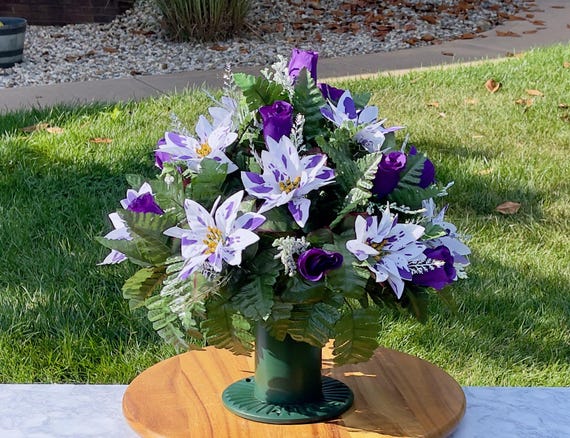 Purple & White Christmas Cemetery Vase, Silk Flower Memorial Arrangement