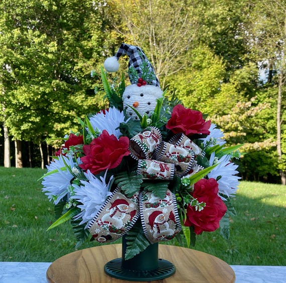 Snowman with Black and White Plaid Cap Christmas Cemetery Vase, Vase Arrangement, Memorial Cemetery Vase, Christmas Vase, Grave Flowers