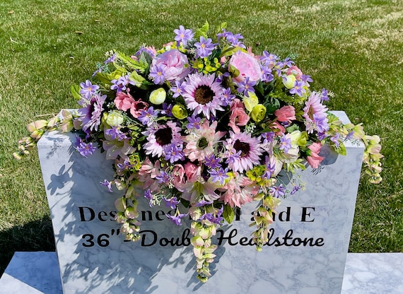 Lavender and Greens Cemetery Saddle, Quality Silk Flowers Cemetery Saddle, Cemetery Flowers, Headstone Saddle Arrangement, Headstone Saddle