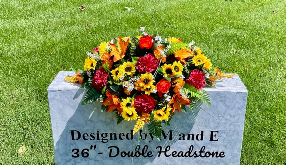 Fall Orang-Burgandy-Yellow Quality Silk Flowers, Cemetery Saddle, Cemetery Flowers, Headstone Saddle, Cemetery Arrangement, Memorial Day