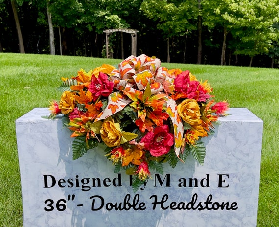 Fall Colors with Bow and Quality Silk Flowers, Cemetery Saddle, Cemetery Flowers, Headstone Saddle, Cemetery Arrangement,