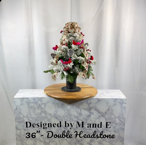 Red Birds and Flocked Cemetery Christmas Tree, Miniature Christmas Tree, Christmas Tree for Cemetery, Christmas, Christmas Cemetery Vase