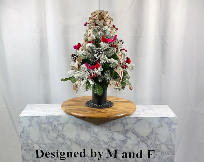 Red Birds and Flocked Cemetery Christmas Tree, Miniature Christmas Tree