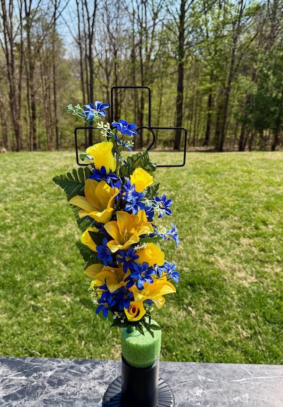 Blue and Yellow Multi-Color Silk Flower Cemetery Reusable Cross - Grave Decoration - Memorial Arrangement