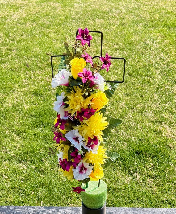 Pink, White and Yellow Silk Flower Cemetery Reusable Cross - Grave Decoration - Memorial Arrangement