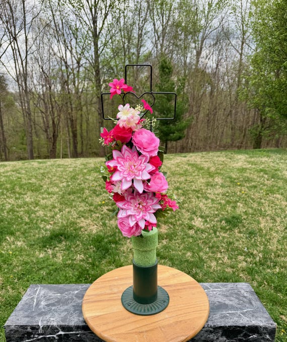 Pink Silk Flower Heart Cemetery Cross – Grave Memorial Arrangement