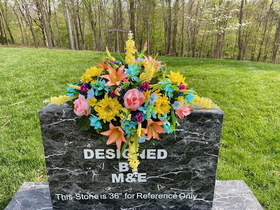 Teal-Salmon-Yellow Cemetery Saddle, Cemetery Saddle, Double Headstone Saddle, Headstone Decoration, Cemetery Flower, Memorial Day Flowers