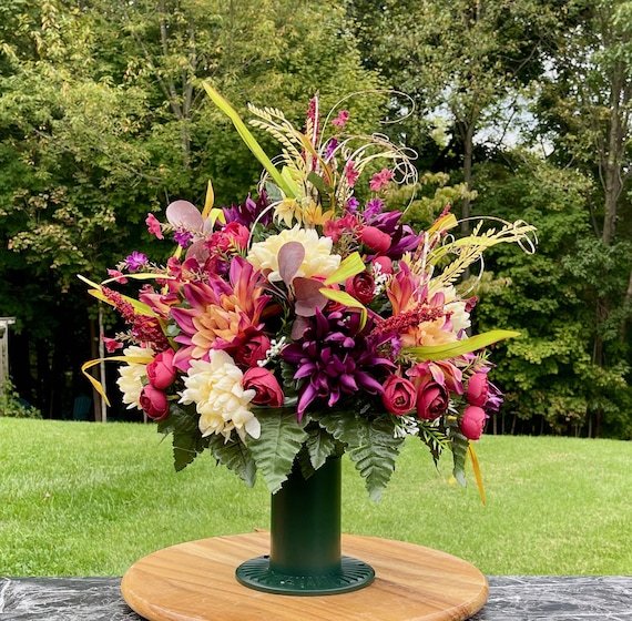 Fall Cemetery Vase: Burgundy and Cream Colors Silk Flower Memorial Arrangement
