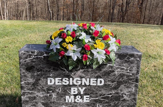 White, Yellow and Fushia Single Headstone Cemetery Saddle, 22-24” Cemetery Flower Arrangement, Flowers for Cemetery, Memorial Saddle