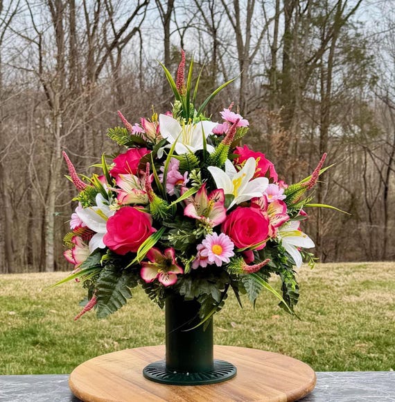 White and Pink Colors Cemetery Vase Arrangement, Headstone Arrangement, Memorial Flowers