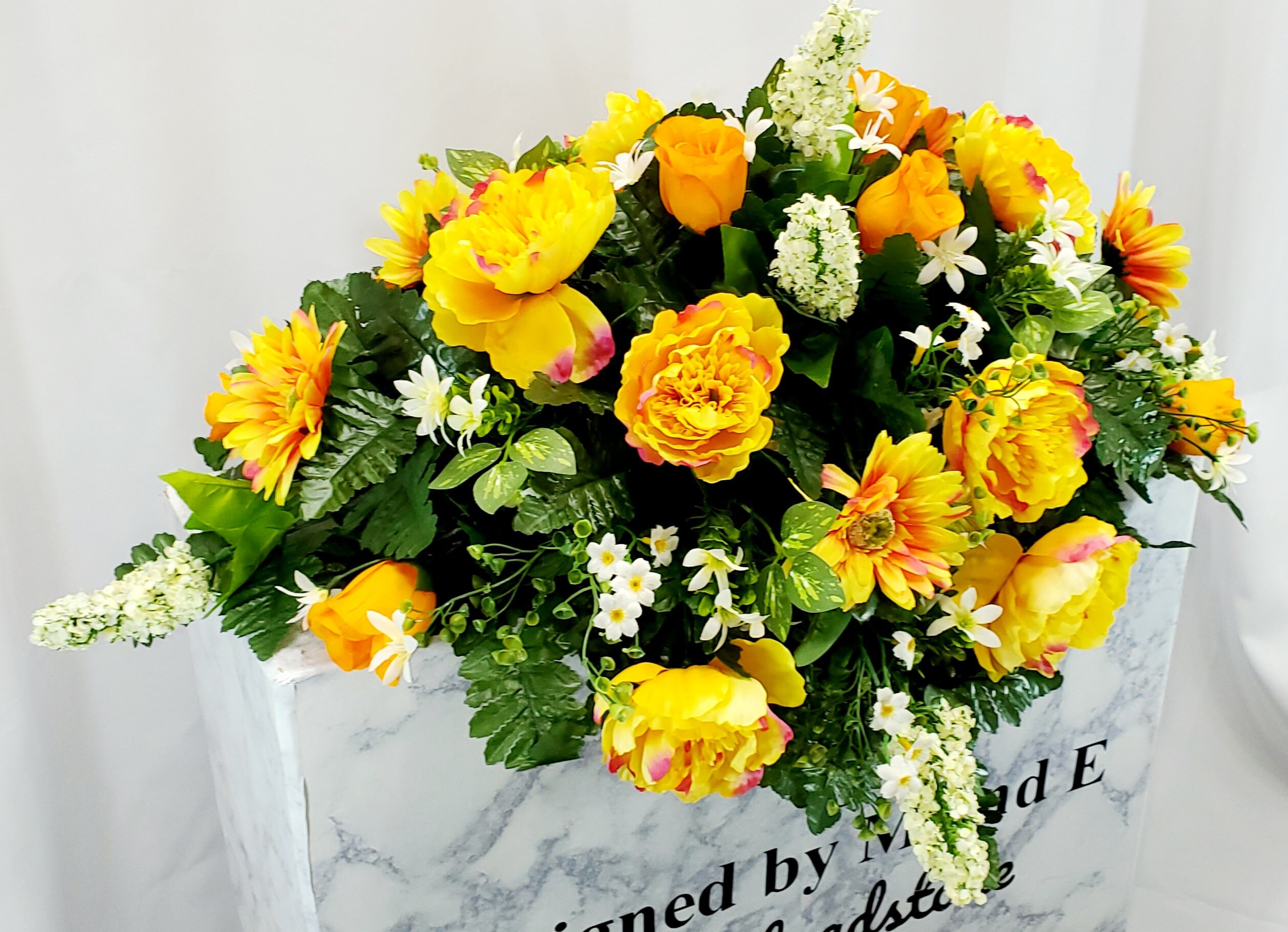 Yellow and White Cemetery Saddle, Cemetery Flower Arrangement, Flower