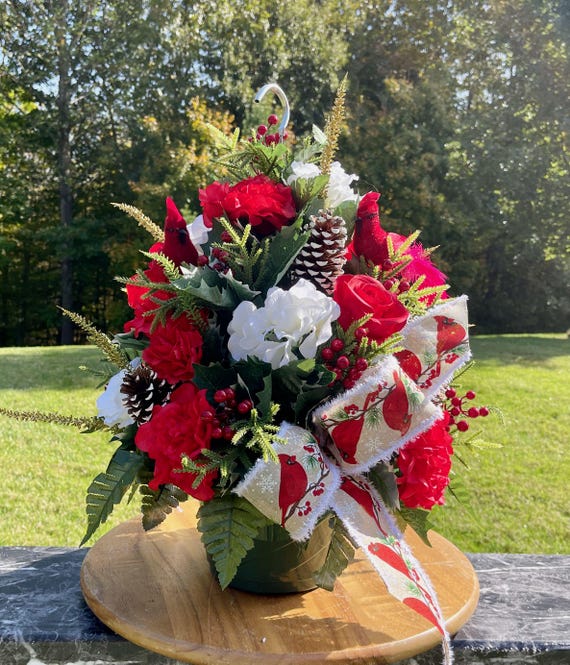 Hanging Basket Christmas Cemetery: Winter Forest Redbird Cardinal with Bow Memorial Flowers